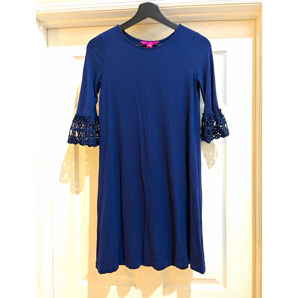 Lilly Pulitzer Blue Solid Shift Dress Women's XS Crochet 3/4 Bell Sleeve